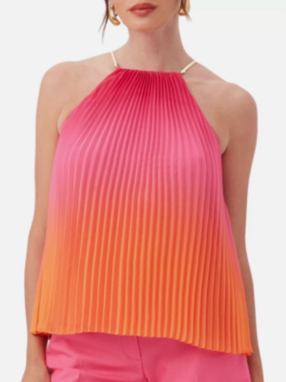 Trina Turk Nayarit Pleated Chiffon Halter Tank Top - Pink to Orange Ombre